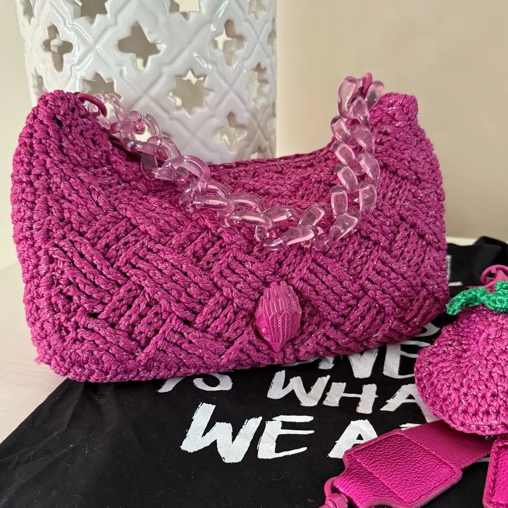 Kurt Geiger EUC Magenta Sparkle Crochet 2 Way Bag - Picture 3 of 9
